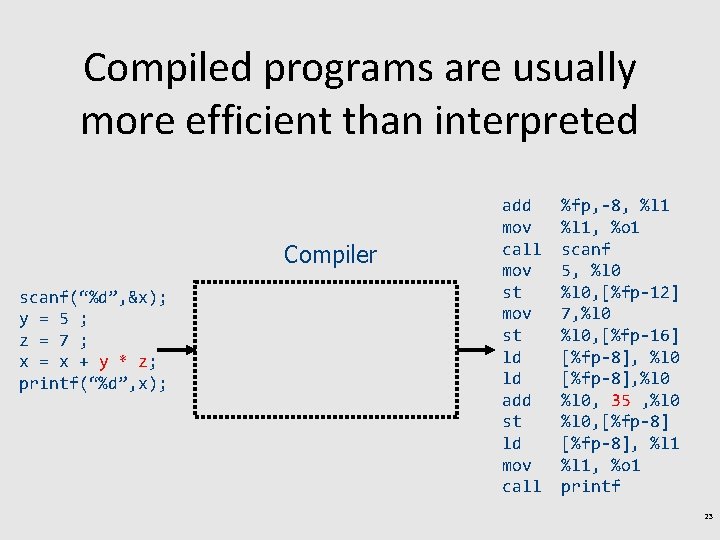 Compiled programs are usually more efficient than interpreted Compiler scanf(“%d”, &x); y = 5