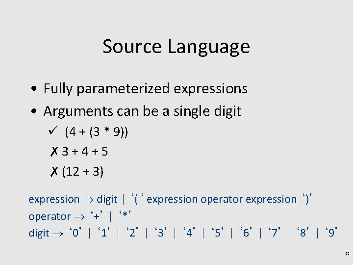 Source Language • Fully parameterized expressions • Arguments can be a single digit ü