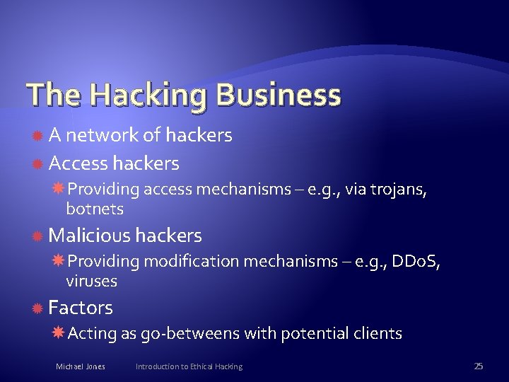 The Hacking Business A network of hackers Access hackers Providing access mechanisms – e.