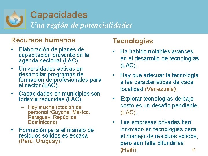 Capacidades Una región de potencialidades Recursos humanos Tecnologías • Elaboración de planes de capacitación