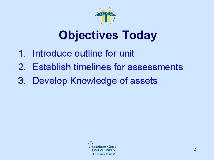 Objectives Today 1. Introduce outline for unit 2. Establish timelines for assessments 3. Develop