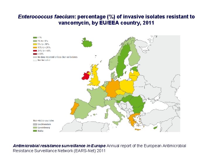 Enterococcus faecium: percentage (%) of invasive isolates resistant to vancomycin, by EU/EEA country, 2011