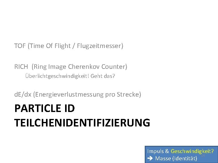 TOF (Time Of Flight / Flugzeitmesser) RICH (Ring Image Cherenkov Counter) Überlichtgeschwindigkeit! Geht das?