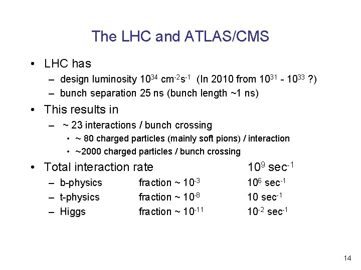 The LHC and ATLAS/CMS • LHC has – design luminosity 1034 cm-2 s-1 (In