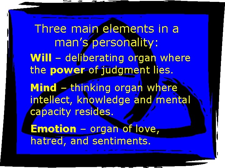 Three main elements in a man’s personality: Will – deliberating organ where the power