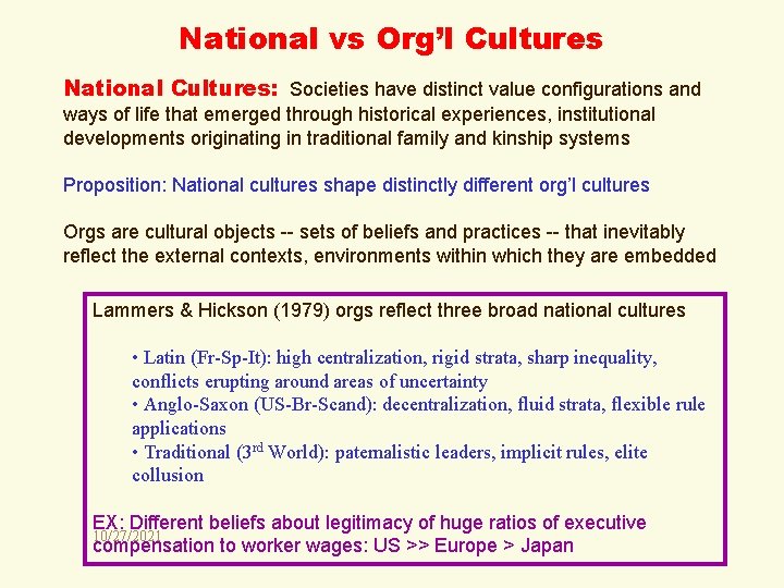 National vs Org’l Cultures National Cultures: Societies have distinct value configurations and ways of