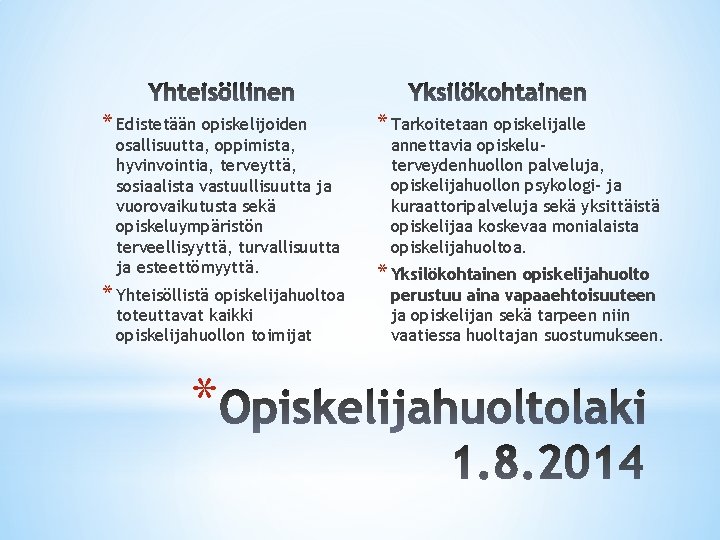 * Edistetään opiskelijoiden osallisuutta, oppimista, hyvinvointia, terveyttä, sosiaalista vastuullisuutta ja vuorovaikutusta sekä opiskeluympäristön terveellisyyttä, * Edistetään opiskelijoiden osallisuutta, oppimista, hyvinvointia, terveyttä, sosiaalista vastuullisuutta ja vuorovaikutusta sekä opiskeluympäristön terveellisyyttä,
