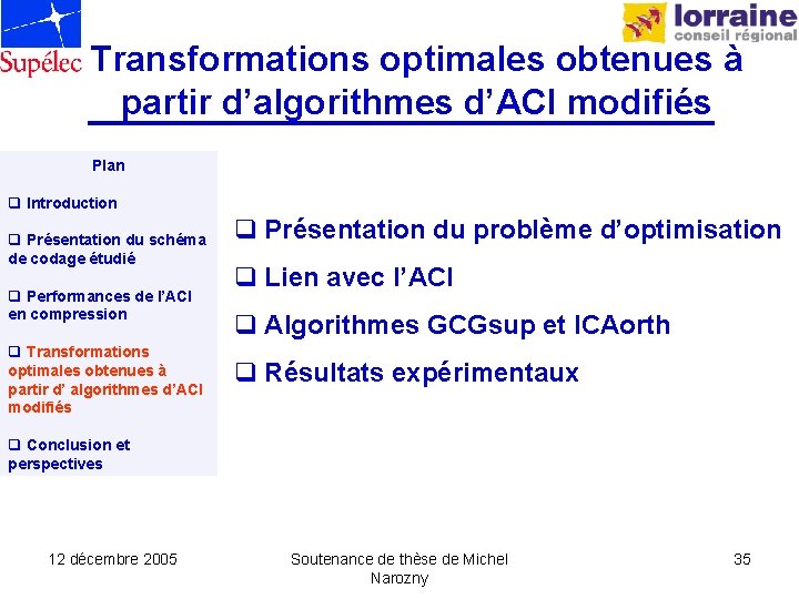 Transformations optimales obtenues à partir d’algorithmes d’ACI modifiés Plan q Introduction q Présentation du