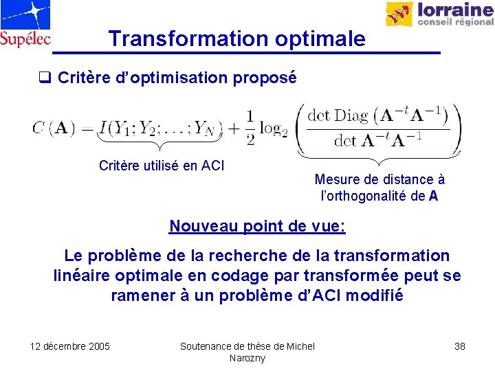 Transformation optimale q Critère d’optimisation proposé Critère utilisé en ACI Mesure de distance à