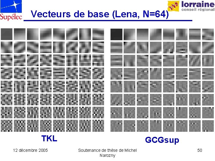 Vecteurs de base (Lena, N=64) TKL 12 décembre 2005 GCGsup Soutenance de thèse de