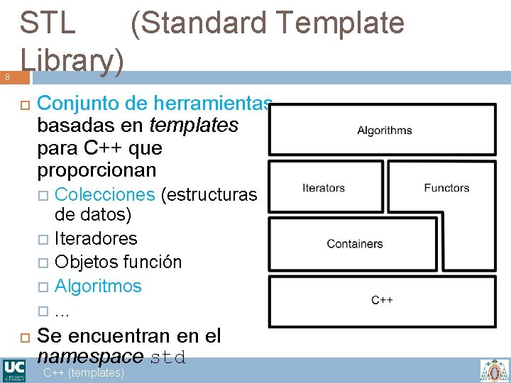 8 STL (Standard Template Library) Conjunto de herramientas basadas en templates para C++ que