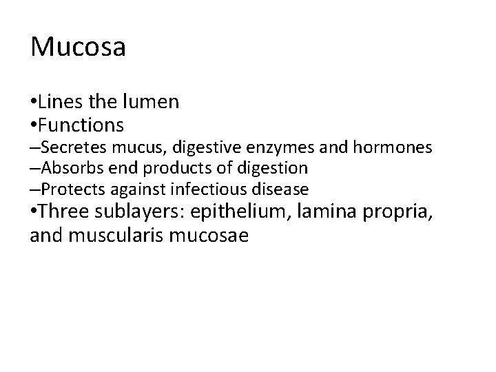 Mucosa • Lines the lumen • Functions –Secretes mucus, digestive enzymes and hormones –Absorbs Mucosa • Lines the lumen • Functions –Secretes mucus, digestive enzymes and hormones –Absorbs