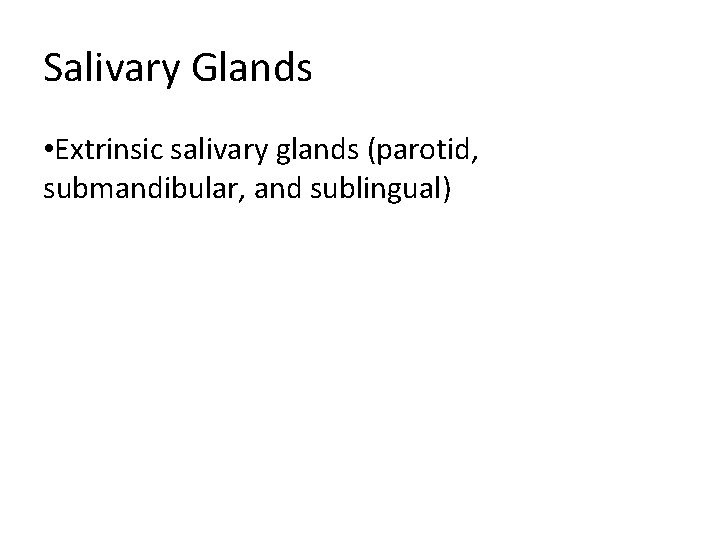 Salivary Glands • Extrinsic salivary glands (parotid, submandibular, and sublingual) Salivary Glands • Extrinsic salivary glands (parotid, submandibular, and sublingual)