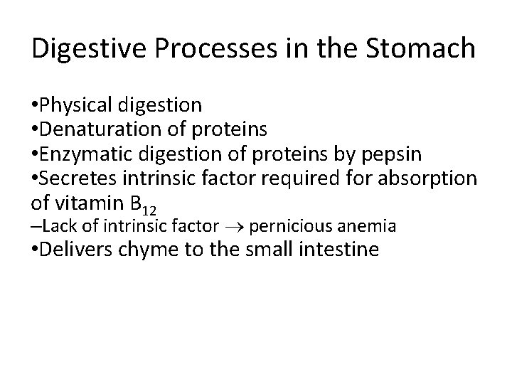 Digestive Processes in the Stomach • Physical digestion • Denaturation of proteins • Enzymatic Digestive Processes in the Stomach • Physical digestion • Denaturation of proteins • Enzymatic