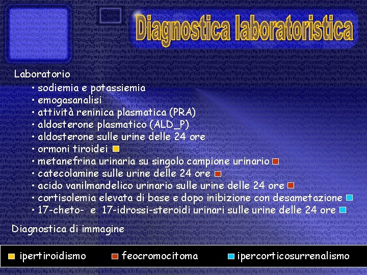 Laboratorio • sodiemia e potassiemia • emogasanalisi • attività reninica plasmatica (PRA) • aldosterone