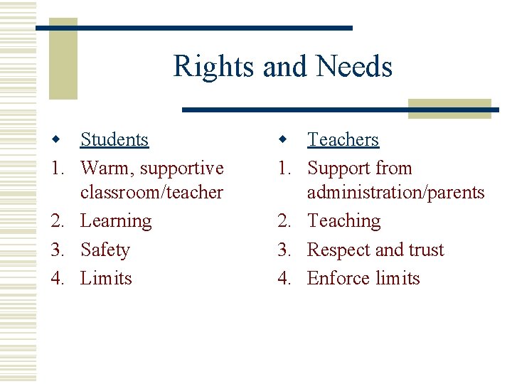 Rights and Needs w Students 1. Warm, supportive classroom/teacher 2. Learning 3. Safety 4.