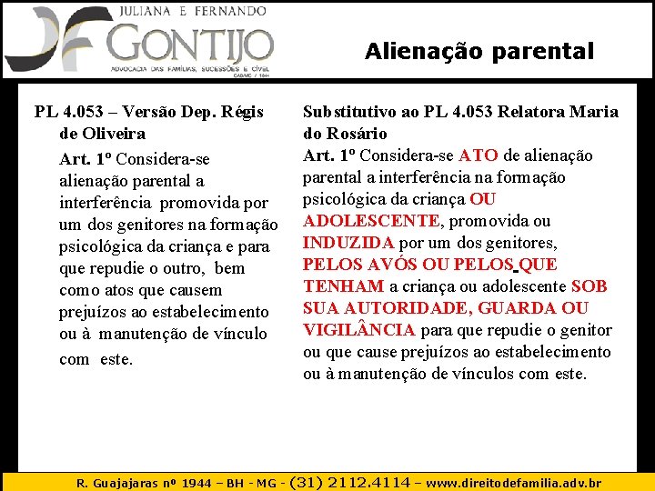 Alienação parental PL 4. 053 – Versão Dep. Régis de Oliveira Art. 1º Considera-se