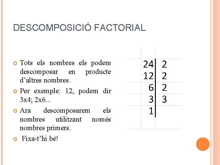 DESCOMPOSICIÓ FACTORIAL Tots els nombres els podem descomposar en producte d’altres nombres. Per exemple: