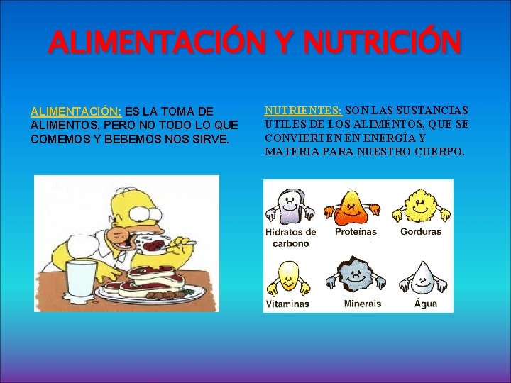 ALIMENTACIÓN Y NUTRICIÓN ALIMENTACIÓN: ES LA TOMA DE ALIMENTOS, PERO NO TODO LO QUE