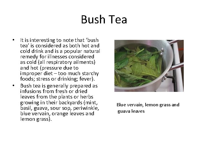 Bush Tea • It is interesting to note that ‘bush tea’ is considered as