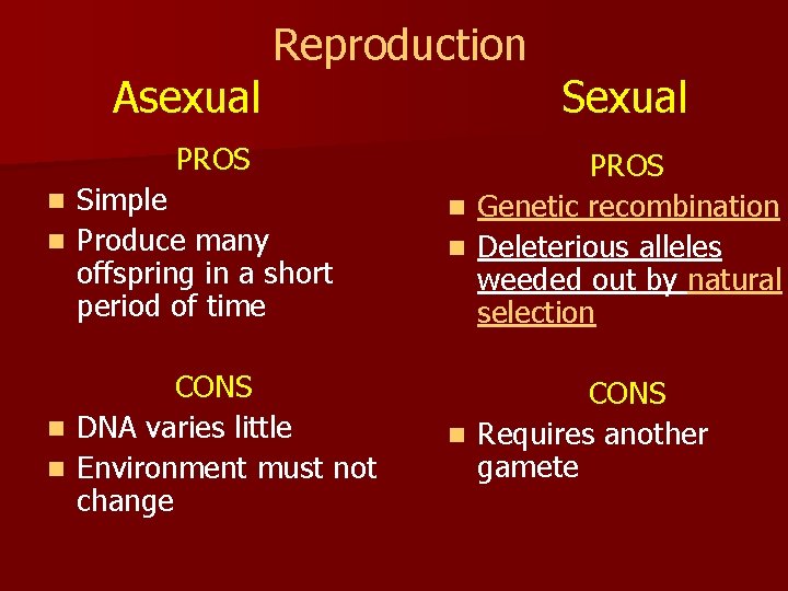 Asexual Reproduction PROS Sexual Simple n Produce many offspring in a short period of