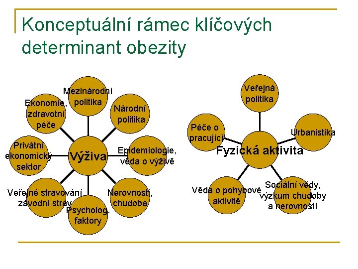 Konceptuální rámec klíčových determinant obezity Mezinárodní Ekonomie, politika Národní zdravotní politika péče Privátní ekonomický