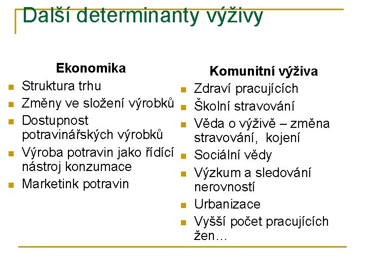 Další determinanty výživy n n n Ekonomika Struktura trhu Změny ve složení výrobků Dostupnost
