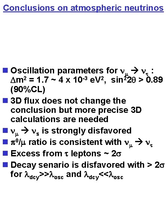 Conclusions on atmospheric neutrinos n Oscillation parameters for nm nt : Dm 2 =
