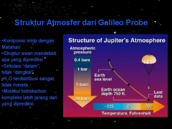 Struktur Atmosfer dari Galileo Probe • Komposisi mirip dengan Matahari • Struktur awan mendekati