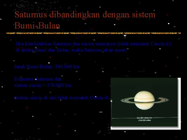 Saturnus dibandingkan dengan sistem Bumi-Bulan Jika kita letakkan Saturnus dan cincin utamanya (tidak termasuk