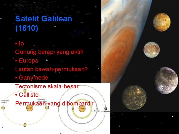 Satelit Galilean (1610) • Io Gunung berapi yang aktif! • Europa Lautan bawah-permukaan? •