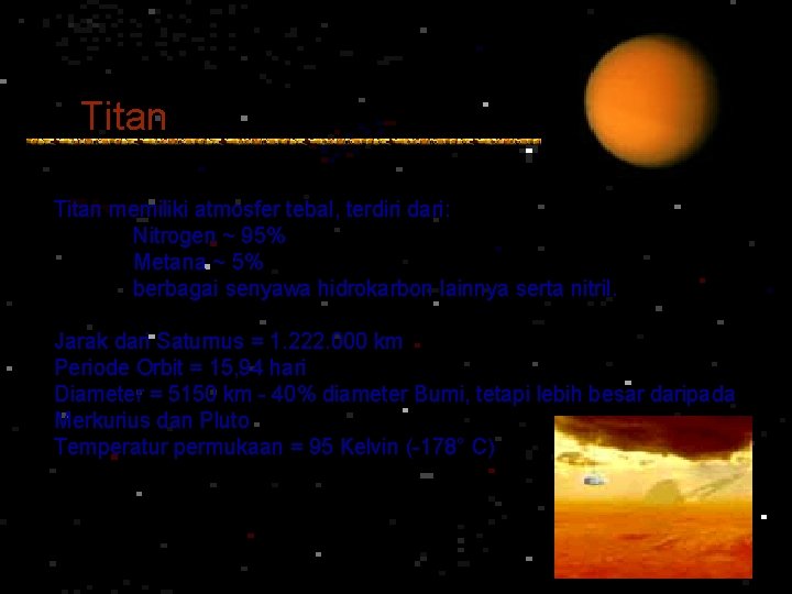 Titan memiliki atmosfer tebal, terdiri dari: Nitrogen ~ 95% Metana ~ 5% berbagai senyawa