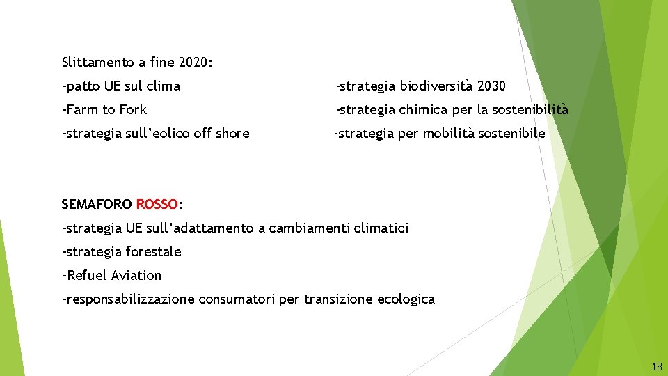 Slittamento a fine 2020: -patto UE sul clima -strategia biodiversità 2030 -Farm to Fork