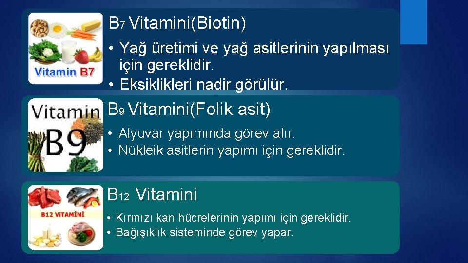 B 7 Vitamini(Biotin) • Yağ üretimi ve yağ asitlerinin yapılması için gereklidir. • Eksiklikleri