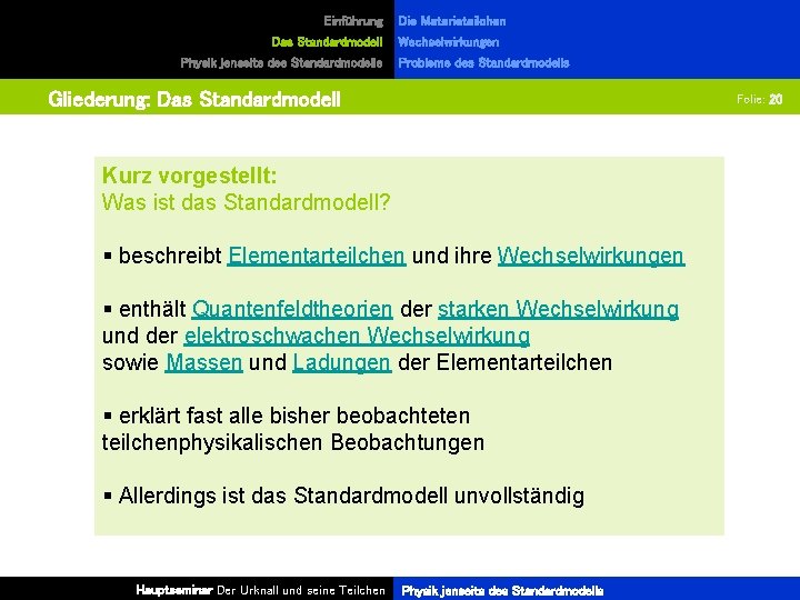 Einführung Das Standardmodell Physik jenseits des Standardmodells Die Materieteilchen Wechselwirkungen Probleme des Standardmodells Gliederung: