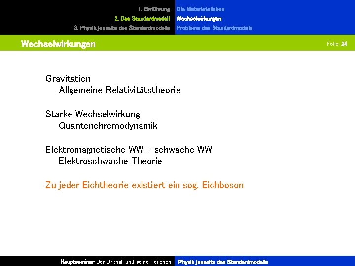 1. Einführung 2. Das Standardmodell 3. Physik jenseits des Standardmodells Die Materieteilchen Wechselwirkungen Probleme