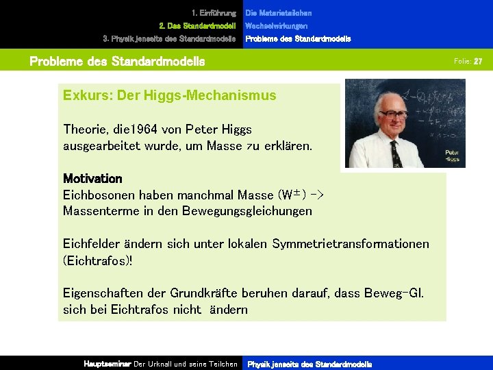 1. Einführung 2. Das Standardmodell 3. Physik jenseits des Standardmodells Die Materieteilchen Wechselwirkungen Probleme