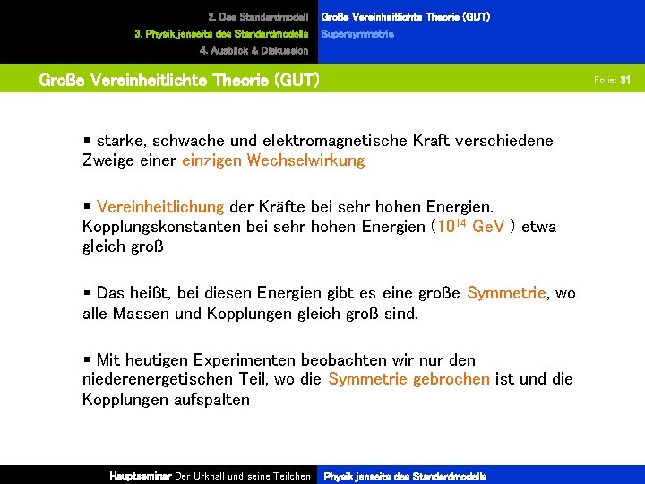 2. Das Standardmodell 3. Physik jenseits des Standardmodells Große Vereinheitlichte Theorie (GUT) Supersymmetrie 4.