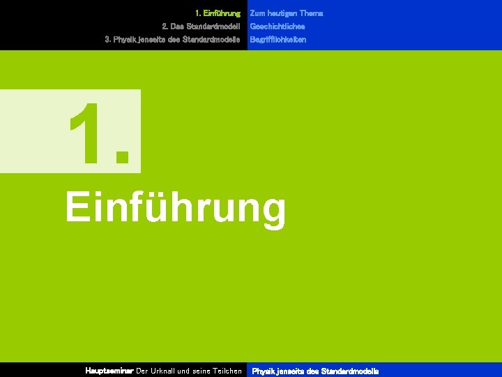 1. Einführung Zum heutigen Thema 2. Das Standardmodell Geschichtliches 3. Physik jenseits des Standardmodells