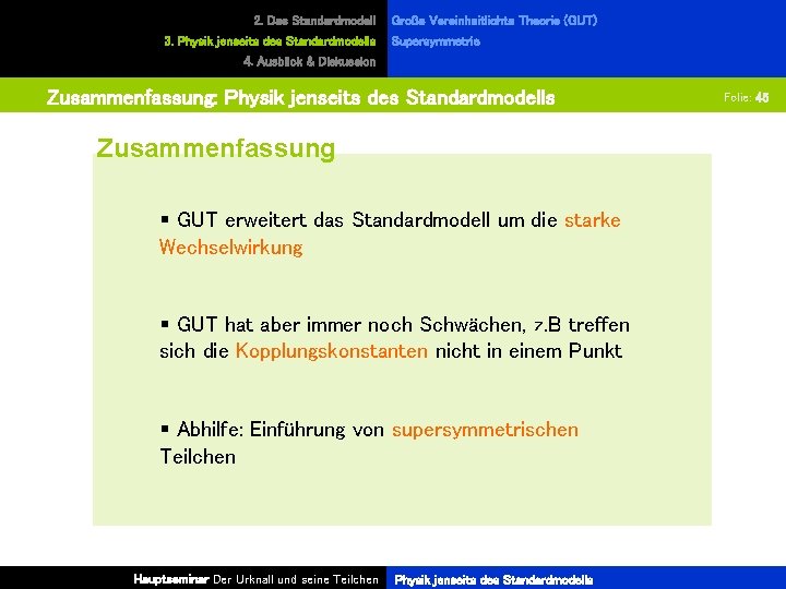 2. Das Standardmodell 3. Physik jenseits des Standardmodells Große Vereinheitlichte Theorie (GUT) Supersymmetrie 4.