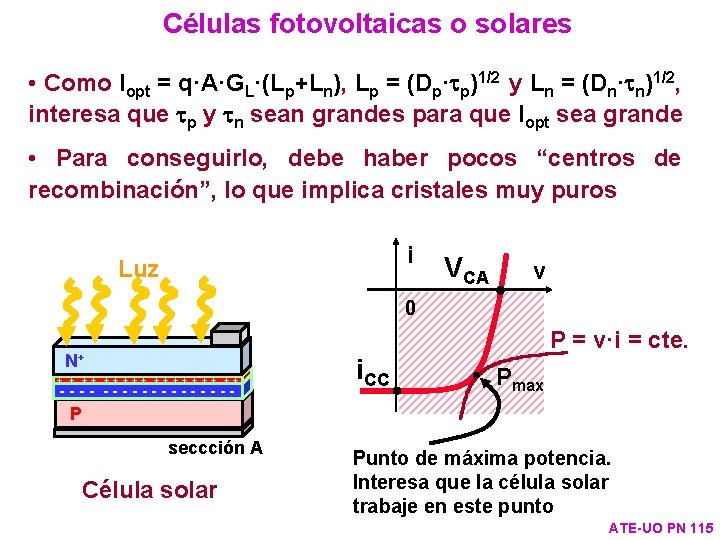 Células fotovoltaicas o solares • Como Iopt = q·A·GL·(Lp+Ln), Lp = (Dp· p)1/2 y