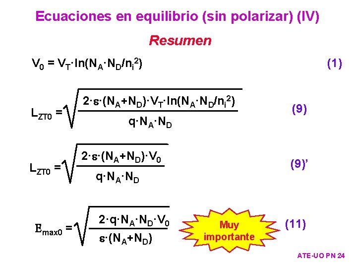 Ecuaciones en equilibrio (sin polarizar) (IV) Resumen V 0 = VT·ln(NA·ND/ni 2) LZT 0