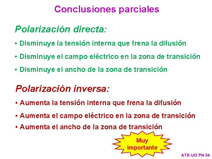 Conclusiones parciales Polarización directa: • Disminuye la tensión interna que frena la difusión •