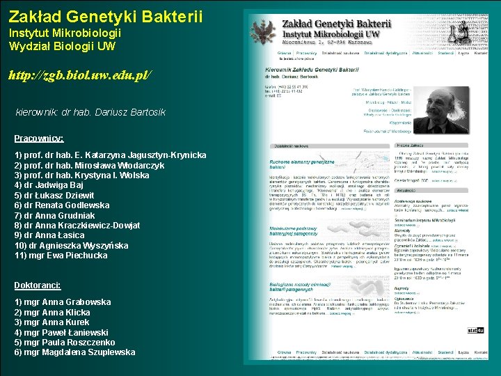 Zakład Genetyki Bakterii Instytut Mikrobiologii Wydział Biologii UW http: //zgb. biol. uw. edu. pl/