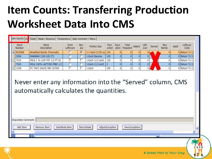Item Counts: Transferring Production Worksheet Data Into CMS Never enter any information into the