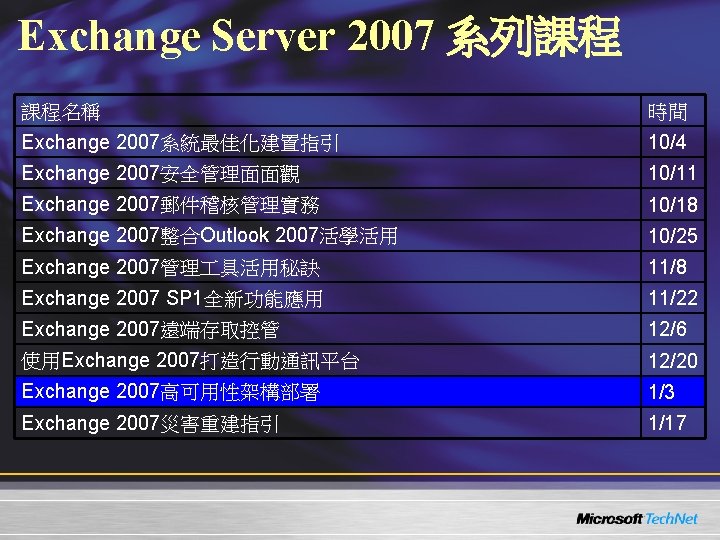 Exchange Server 2007 系列課程 課程名稱 時間 Exchange 2007系統最佳化建置指引 10/4 Exchange 2007安全管理面面觀 10/11 Exchange 2007郵件稽核管理實務