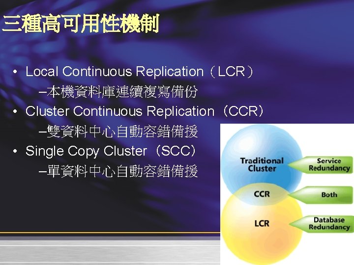 三種高可用性機制 • Local Continuous Replication（LCR） –本機資料庫連續複寫備份 • Cluster Continuous Replication（CCR） –雙資料中心自動容錯備援 • Single Copy