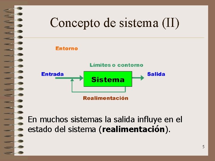 Concepto de sistema (II) En muchos sistemas la salida influye en el estado del