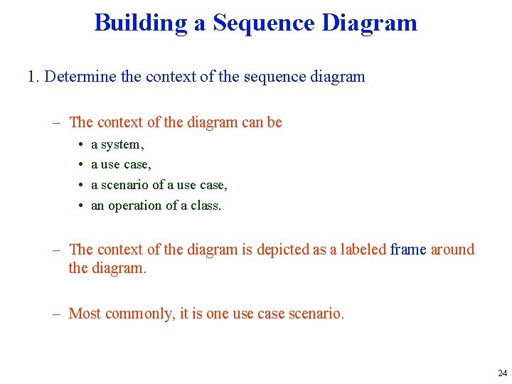 Building a Sequence Diagram 1. Determine the context of the sequence diagram – The