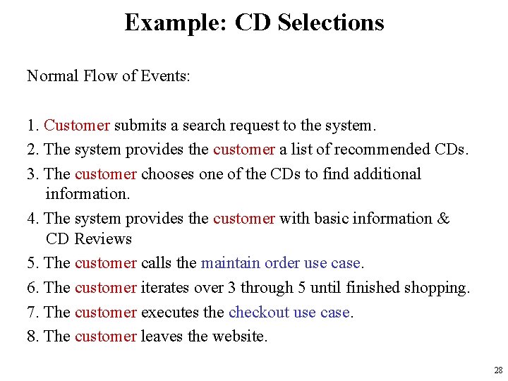 Example: CD Selections Normal Flow of Events: 1. Customer submits a search request to